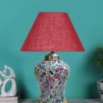 Conical Maroon Jute Shade Lamp with Wood & Mosaic Glass Base for Decoration/Office/Home/Gifting/Study for Decoration/Office/Home/Gifting/Study -(10x10x14.5) Inches -U