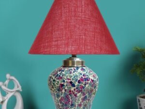 Conical Maroon Jute Shade Lamp with Wood & Mosaic Glass Base for Decoration/Office/Home/Gifting/Study for Decoration/Office/Home/Gifting/Study -(10x10x14.5) Inches -U