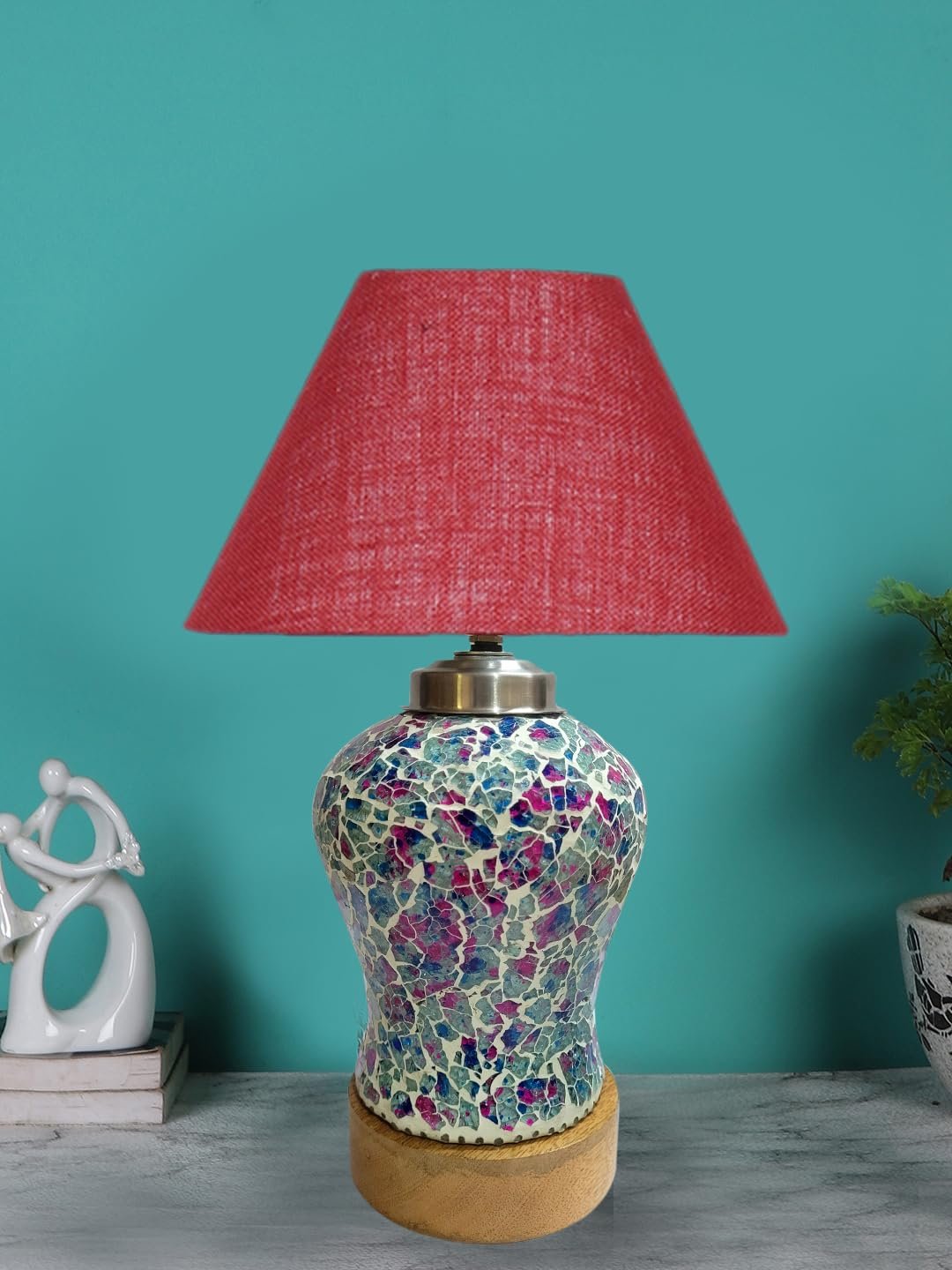 Conical Maroon Jute Shade Lamp with Wood & Mosaic Glass Base for Decoration/Office/Home/Gifting/Study for Decoration/Office/Home/Gifting/Study -(10x10x14.5) Inches -U