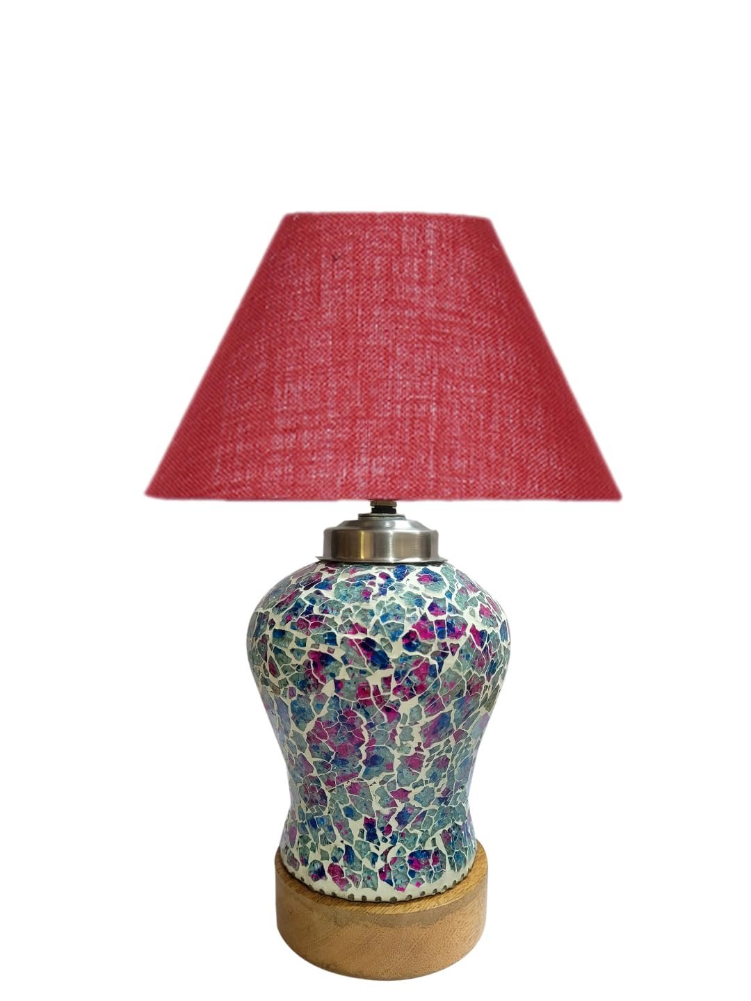 Conical Maroon Jute Shade Lamp with Wood & Mosaic Glass Base for Decoration/Office/Home/Gifting/Study for Decoration/Office/Home/Gifting/Study -(10x10x14.5) Inches -U