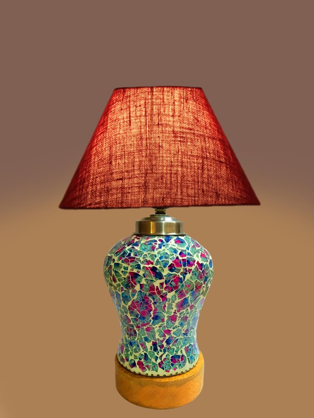 Conical Maroon Jute Shade Lamp with Wood & Mosaic Glass Base for Decoration/Office/Home/Gifting/Study for Decoration/Office/Home/Gifting/Study -(10x10x14.5) Inches -U