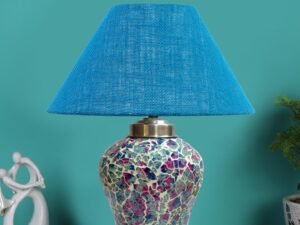 Conical Turquoise Jute Shade Lamp with Wood & Mosaic Glass Base for Decoration/Office/Home/Gifting/Study for Decoration/Office/Home/Gifting/Study -(10x10x14.5) Inches -