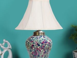 Off White Cotton Shade Lamp with Wood & Mosaic Glass Base for Decoration/Office/Home/Gifting/Study for Office/Home/Gifting -(12x12x16) Inches -Y