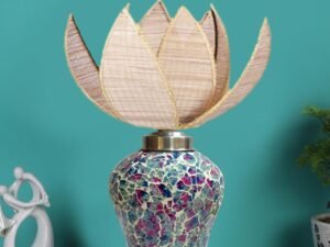 Rose Bamboo Shade Lamp with Wood & Mosaic Glass Base for Decoration/Office/Home/Gifting/Study for Office/Home/Gifting -(12x12x17.75) Inches -