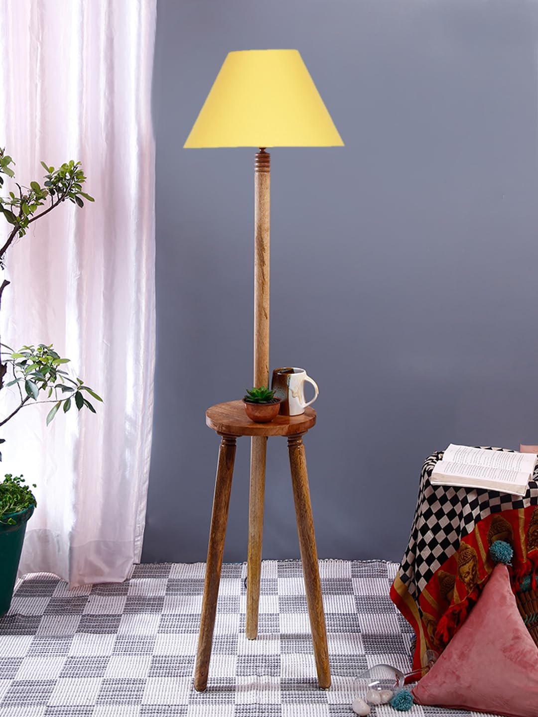 Yellow Cotton Conical Wooden Floor Lamp -24-(14x55.75inches) -Tripod Natural