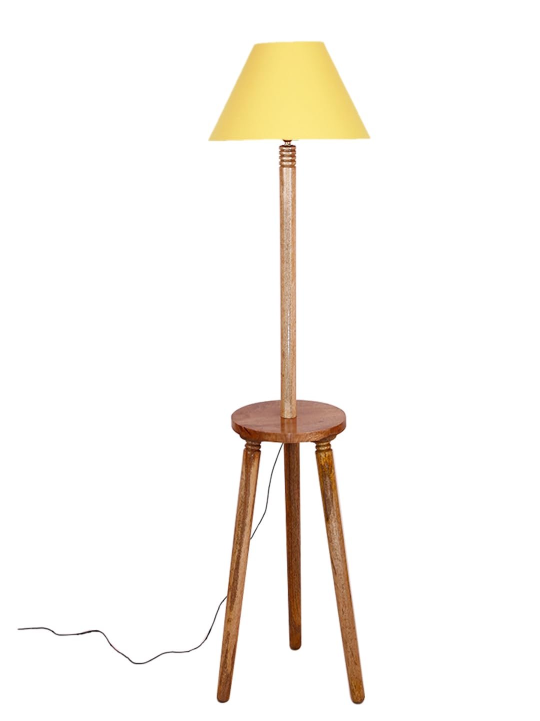 Yellow Cotton Conical Wooden Floor Lamp -24-(14x55.75inches) -Tripod Natural