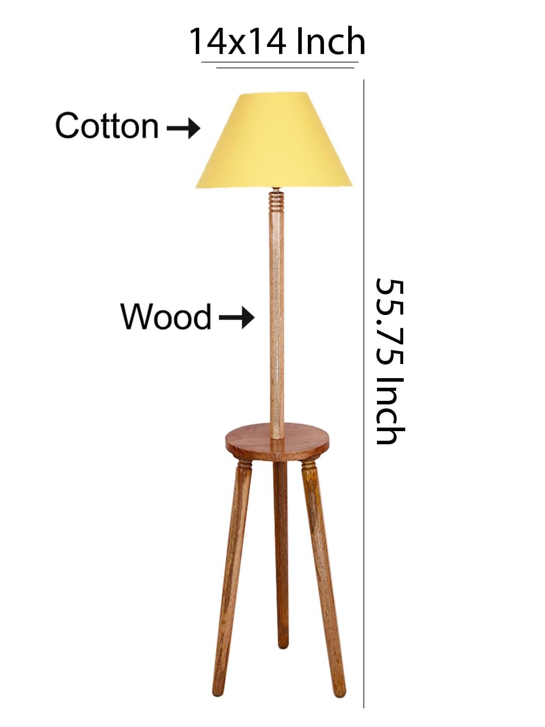 Yellow Cotton Conical Wooden Floor Lamp -24-(14x55.75inches) -Tripod Natural