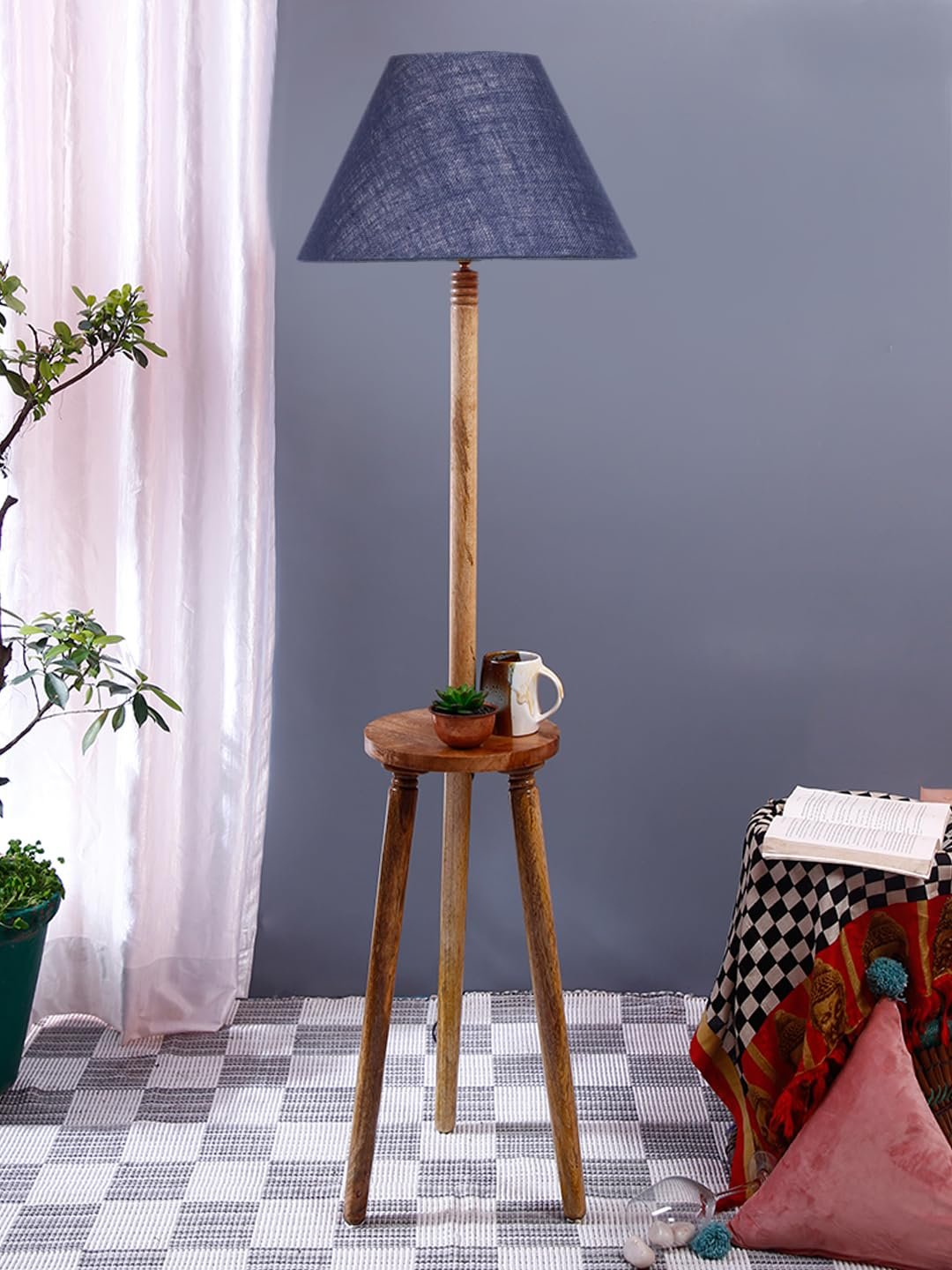 Blue Jute Wooden Floor Lamp -31-(14x55.75inches) -Tripod Natural