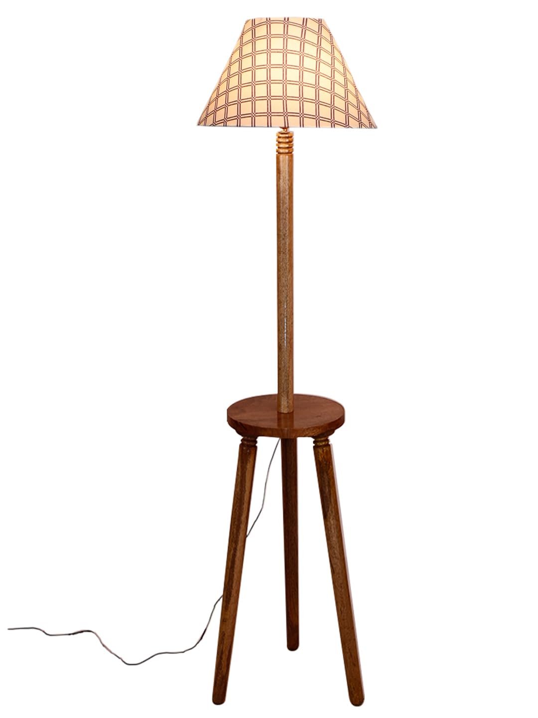 Printed Cotton Conical Wooden Floor Lamp -36-(14x55.75inches) -Tripod Natural