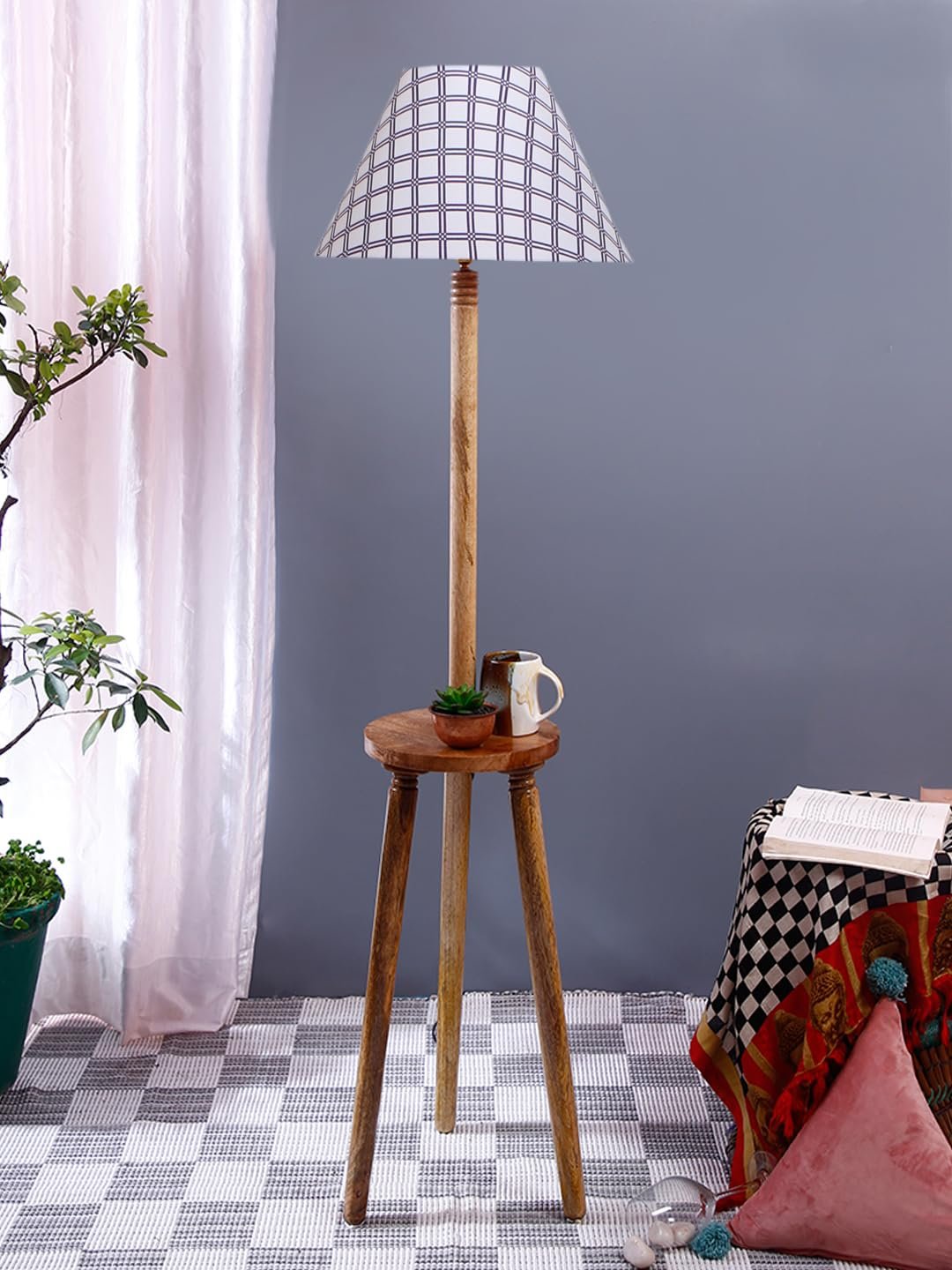 Printed Cotton Conical Wooden Floor Lamp -36-(14x55.75inches) -Tripod Natural