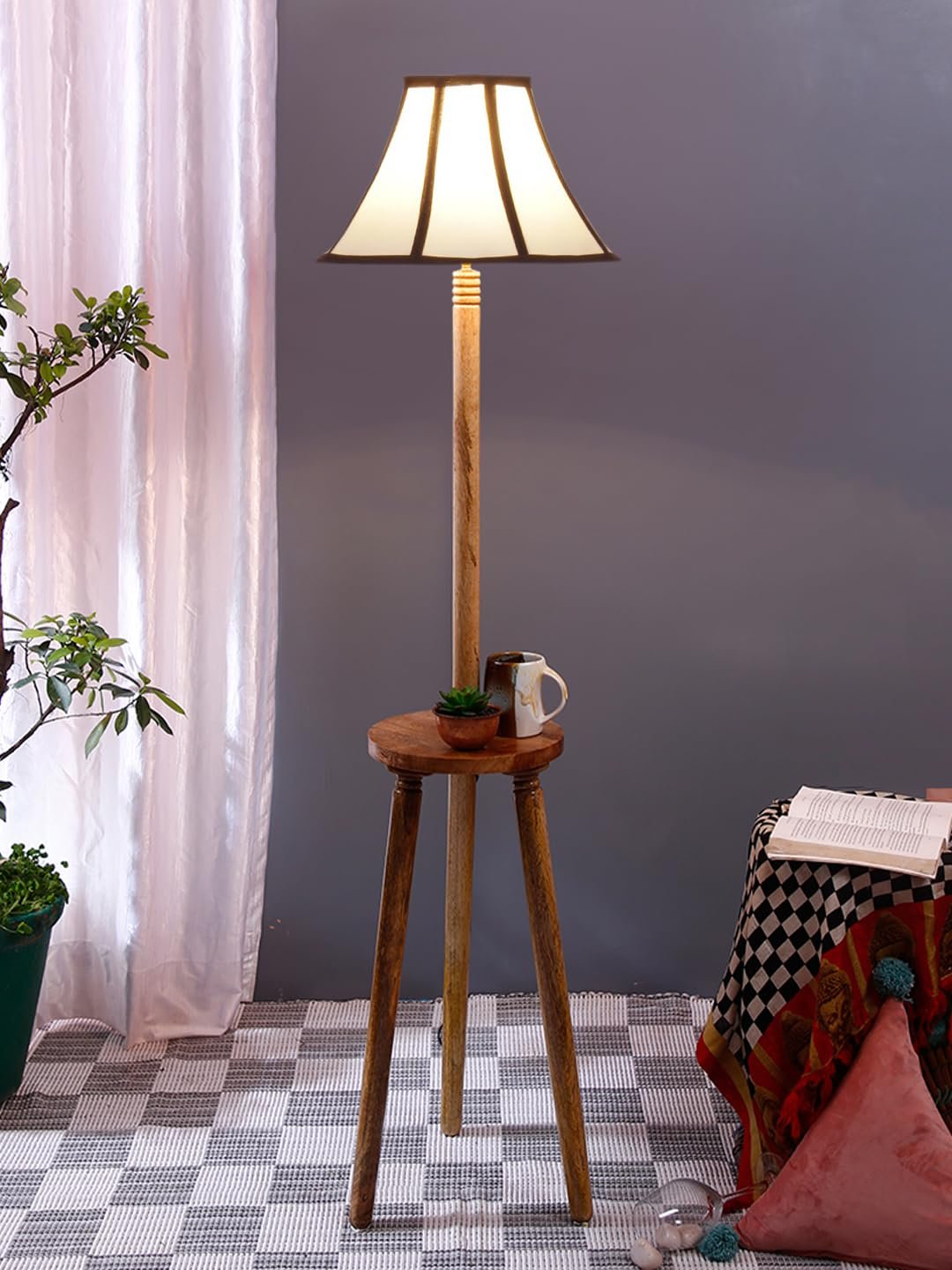 Multiclored Cotton Wooden Floor Lamp -39-(12x54.8inches) -Tripod Natural
