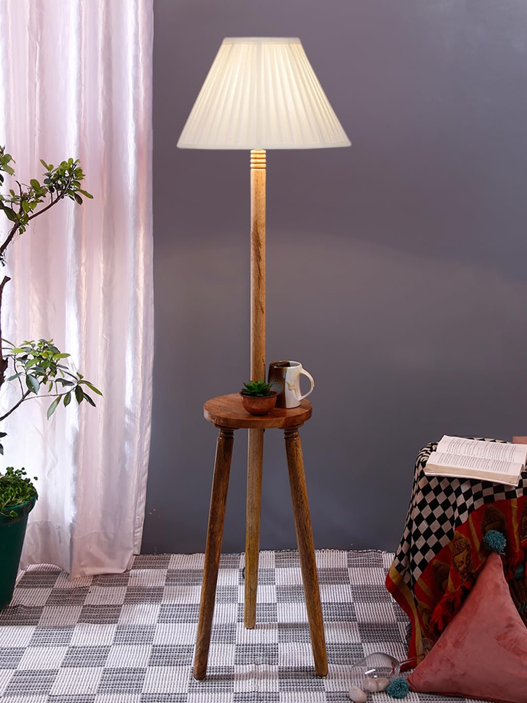 Cotton Straight Pleated Wooden Floor Lamp -42-(12x54.8inches)-Tripod Natural