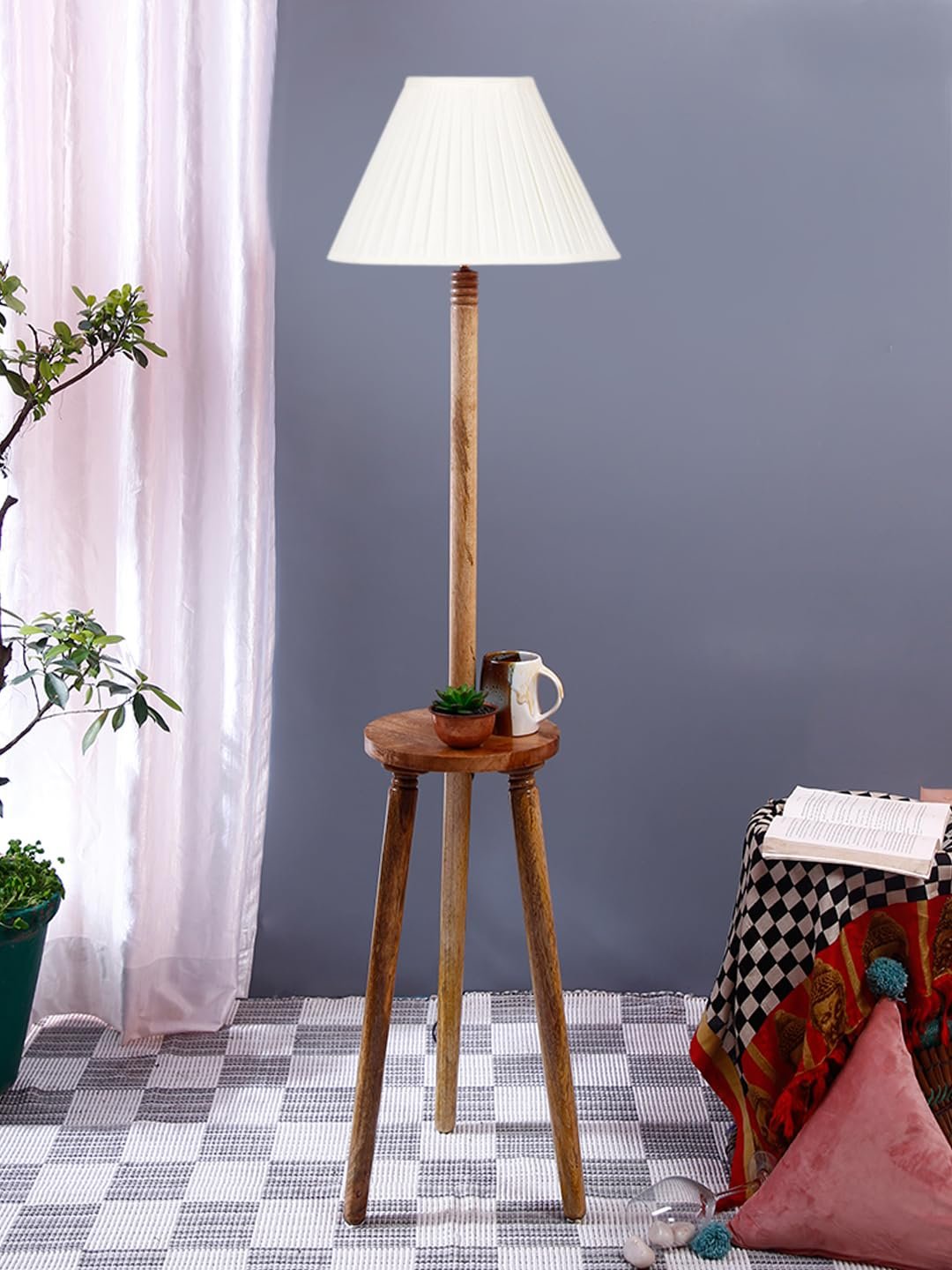Cotton Straight Pleated Wooden Floor Lamp -42-(12x54.8inches)-Tripod Natural
