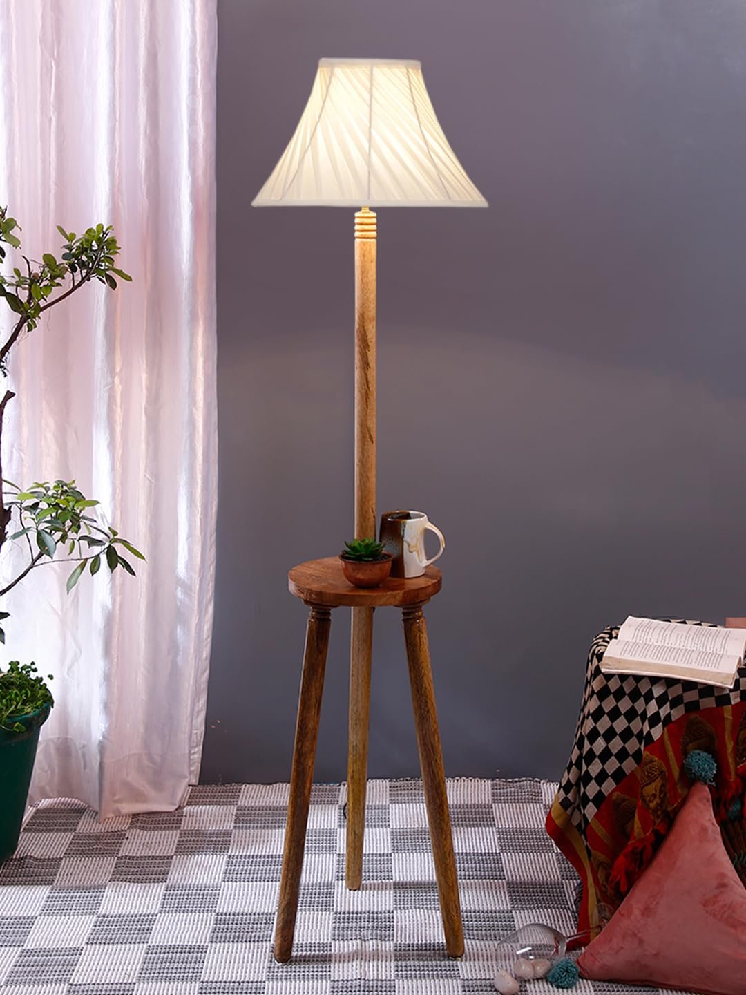 Cross Pleated Cotton Wooden Floor Lamp -43-(12x54.8inches)-Tripod Natural