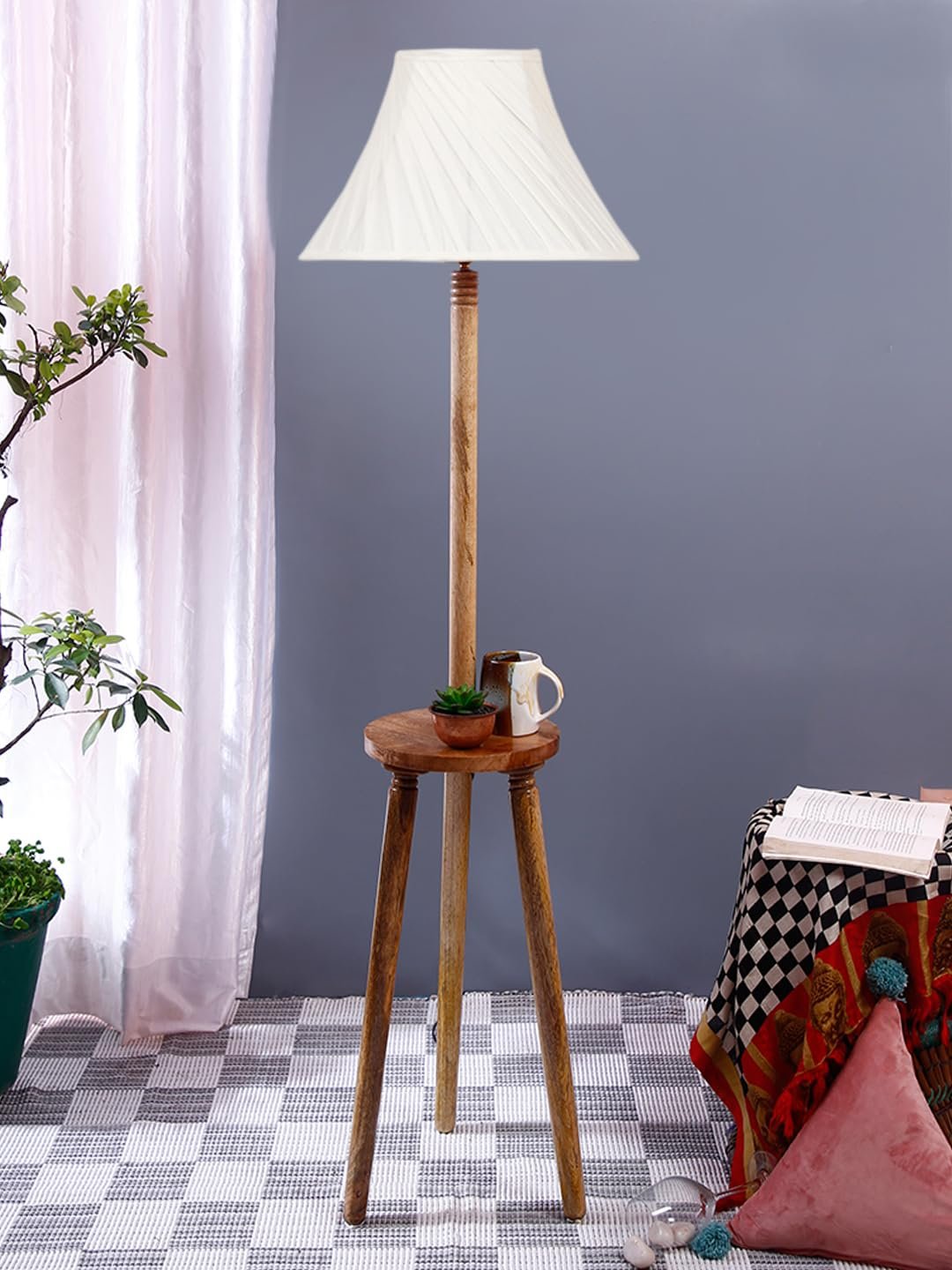 Cross Pleated Cotton Wooden Floor Lamp -43-(12x54.8inches)-Tripod Natural