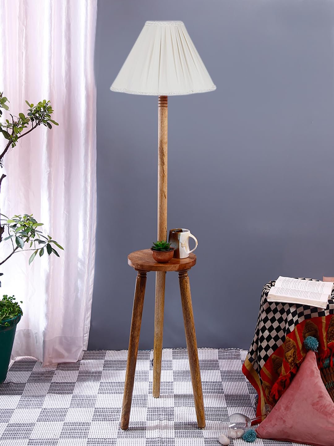 Vintage Cotton Shade Wood Floor Lamp -44-(12x53.75inches-Tripod Natural