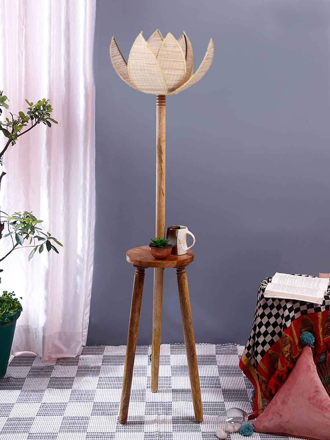 Beige Bamboo Lotus Wooden Floor lamp -54(12x56 Inches)-Tripod Natural