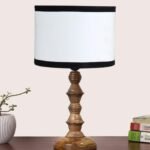 White & Black Cotton Shade Table Lamp with Wooden Base (Height 15.5 Inches, Without Bulb) | Elegant Bedside & Desk Lamp for Living Room, Bedroom, Home Decor, Office & Gift | Decorative Lamp