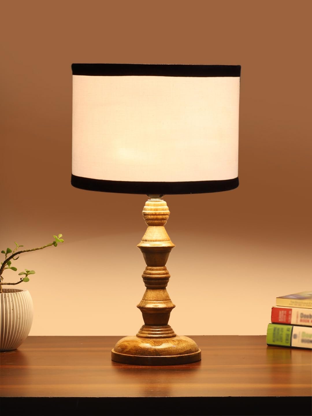 White & Black Cotton Shade Table Lamp with Wooden Base (Height 15.5 Inches, Without Bulb) | Elegant Bedside & Desk Lamp for Living Room, Bedroom, Home Decor, Office & Gift | Decorative Lamp