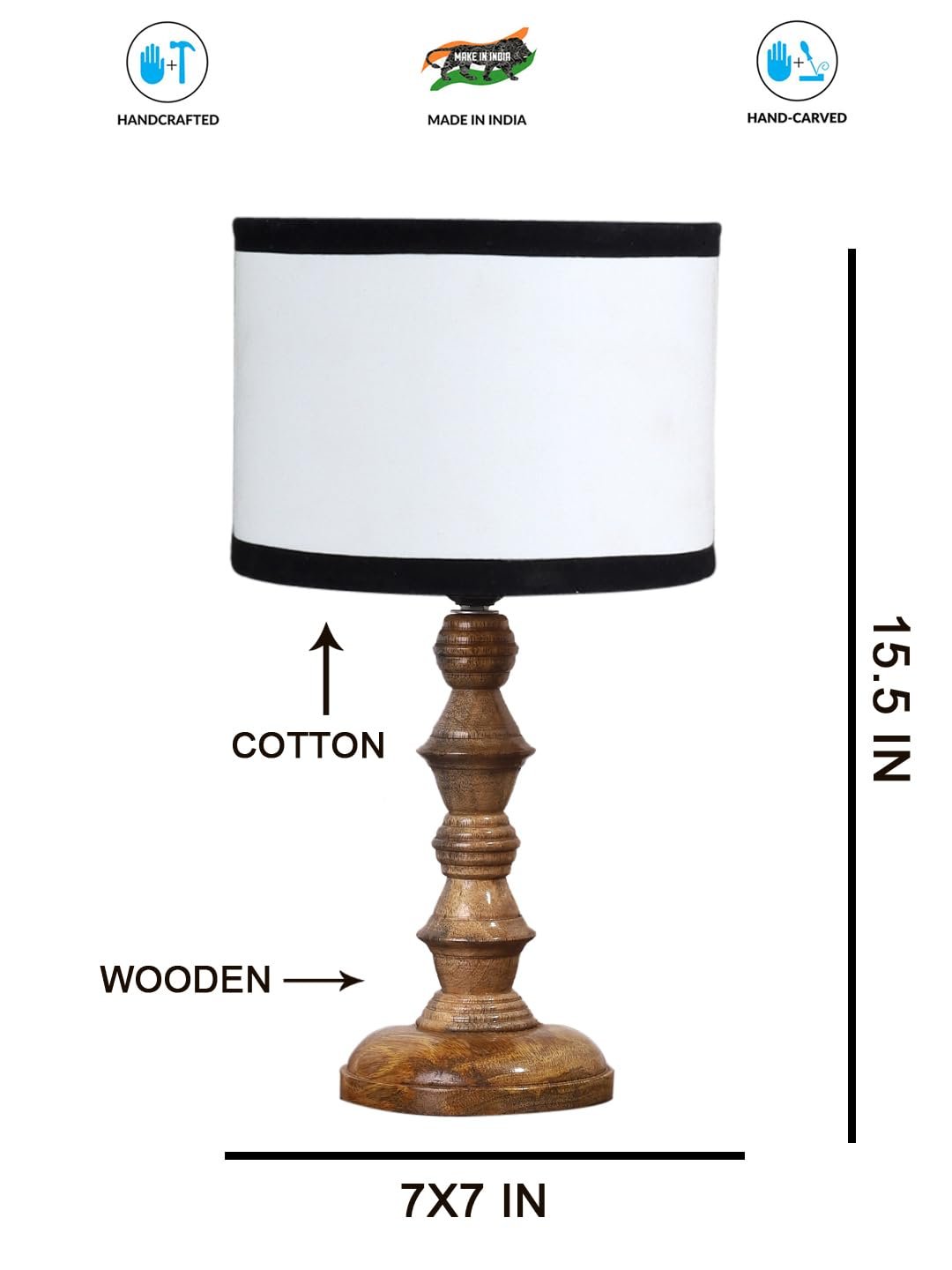 White & Black Cotton Shade Table Lamp with Wooden Base (Height 15.5 Inches, Without Bulb) | Elegant Bedside & Desk Lamp for Living Room, Bedroom, Home Decor, Office & Gift | Decorative Lamp