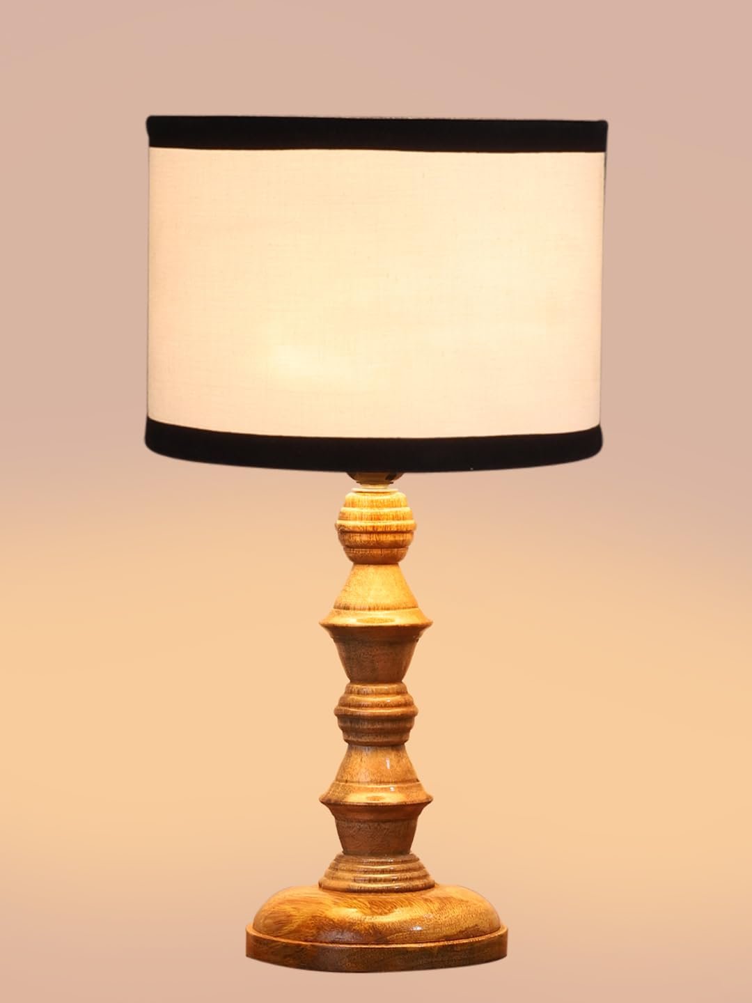 White & Black Cotton Shade Table Lamp with Wooden Base (Height 15.5 Inches, Without Bulb) | Elegant Bedside & Desk Lamp for Living Room, Bedroom, Home Decor, Office & Gift | Decorative Lamp