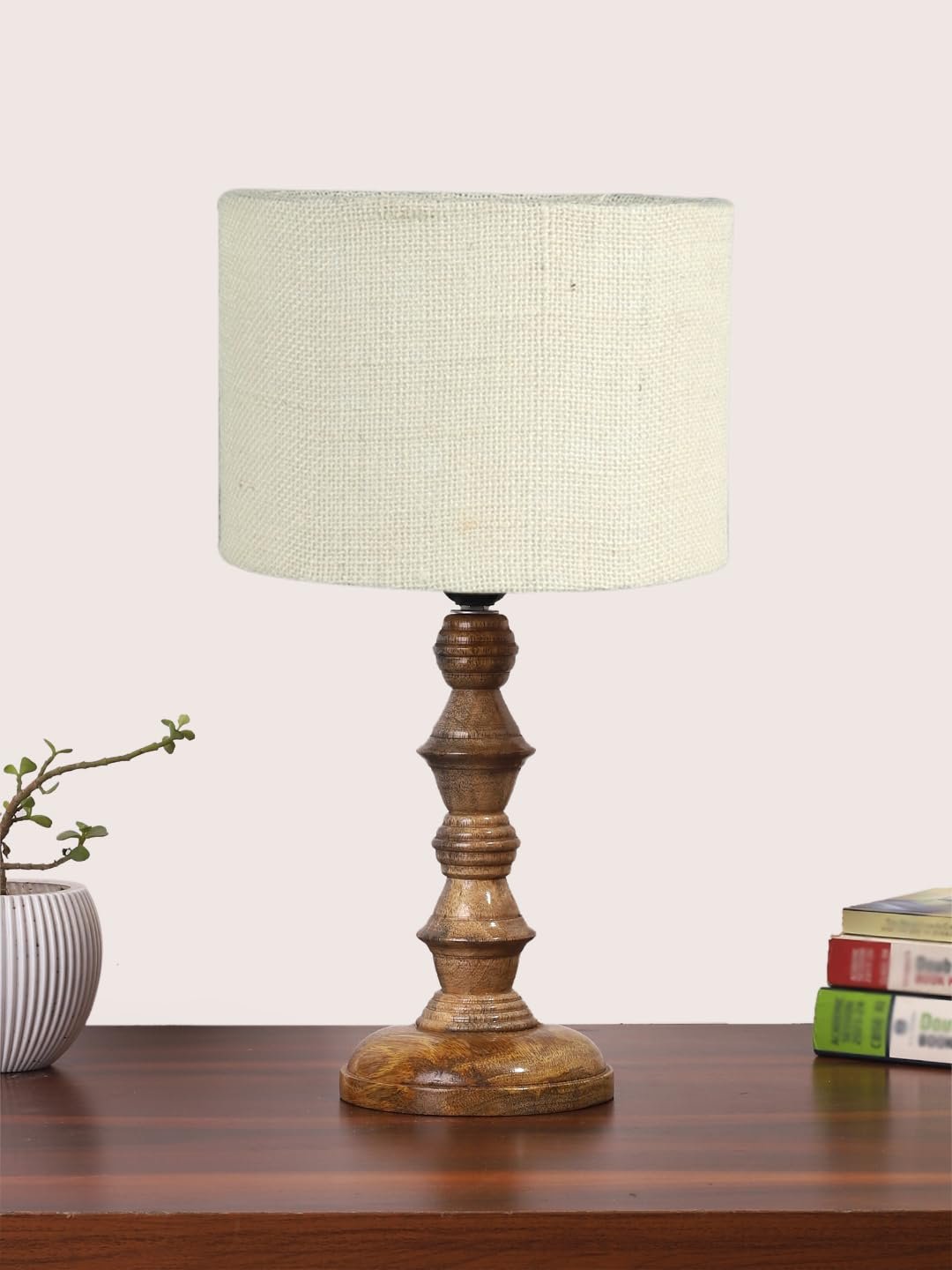 White Jute Shade Table Lamp with Wooden Base (Height 15.5 Inches, Without Bulb) | Elegant Bedside & Desk Lamp for Living Room, Bedroom, Home Decor, Office & Gift | Decorative Lighting Lamp