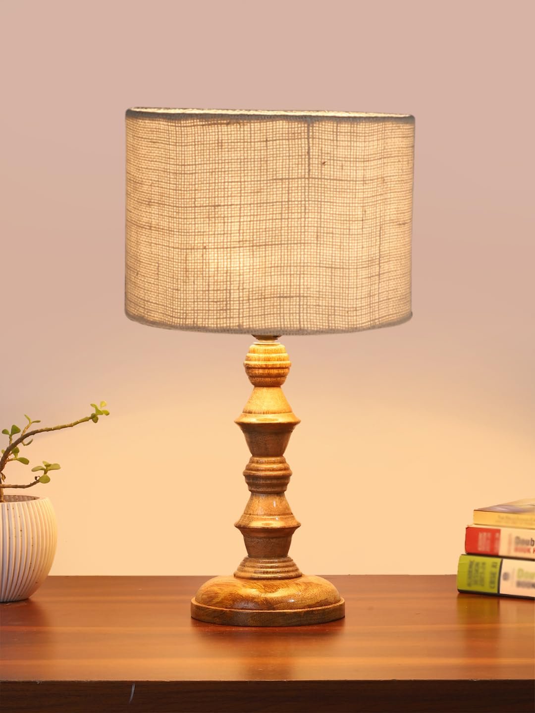 White Jute Shade Table Lamp with Wooden Base (Height 15.5 Inches, Without Bulb) | Elegant Bedside & Desk Lamp for Living Room, Bedroom, Home Decor, Office & Gift | Decorative Lighting Lamp