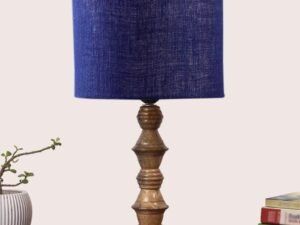 Blue Jute Shade Table Lamp with Wooden Base (Height 15.5 Inches, Without Bulb) | Elegant Bedside & Desk Lamp for Living Room, Bedroom, Home Decor, Office & Gift | Decorative Lighting Lamp