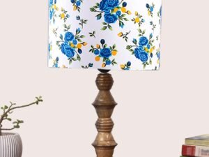 Vintage Blue Floral Cotton Shade Table Lamp with Wooden Base (Height 15.5 Inches, No Bulb) | Elegant Bedside & Desk Lamp for Living Room, Bedroom, Home Decor, Office & Gift | Decorative Lamp