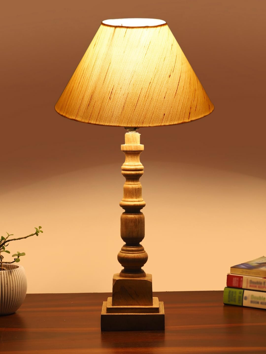 Off White Cotton Shade Table Lamp with Wooden Natural Base - Height 21Inches/Without Bulb | for Living Room, Bedroom Decoration, Home Decor, Gifting | Decorative Bedside & Desk Table Lamp