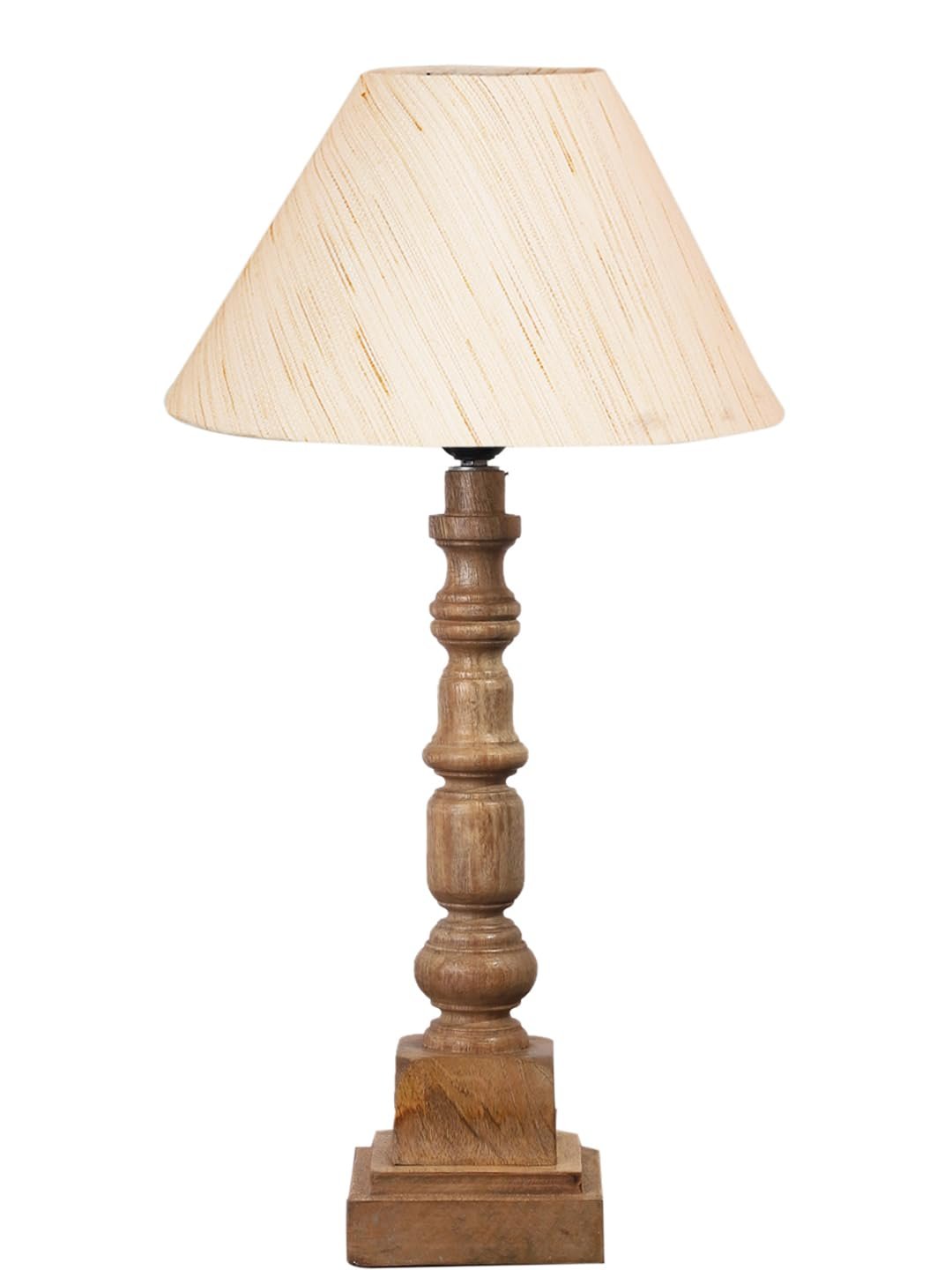 Off White Cotton Shade Table Lamp with Wooden Natural Base - Height 21Inches/Without Bulb | for Living Room, Bedroom Decoration, Home Decor, Gifting | Decorative Bedside & Desk Table Lamp