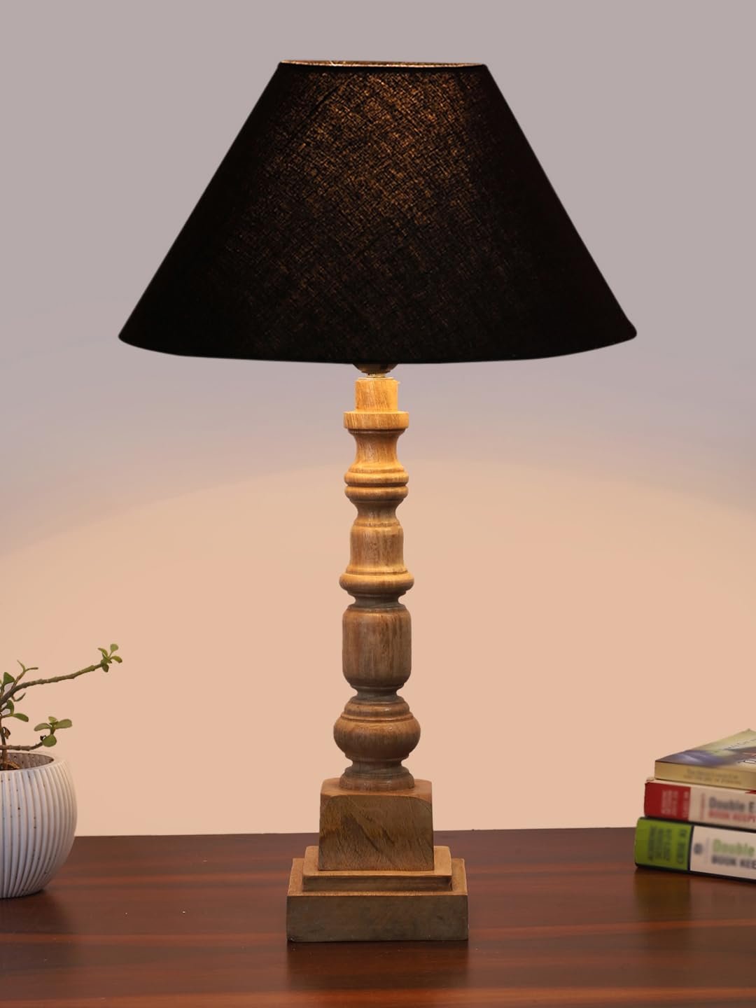 Black Cotton Shade Table Lamp with Wooden Natural Base - Height 21Inches/Without Bulb | for Living Room, Bedroom Decoration, Home Decor, Gifting | Decorative Bedside & Desk Table Lamp