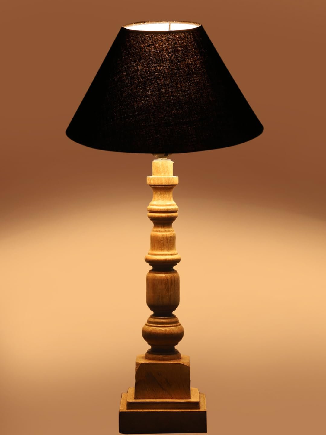 Black Cotton Shade Table Lamp with Wooden Natural Base - Height 21Inches/Without Bulb | for Living Room, Bedroom Decoration, Home Decor, Gifting | Decorative Bedside & Desk Table Lamp