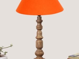Orange Cotton Shade Table Lamp with Wooden Natural Base - Height 21Inches/Without Bulb | for Living Room, Bedroom Decoration, Home Decor, Gifting | Decorative Bedside & Desk Table Lamp