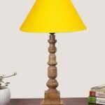 Yellow Cotton Shade Table Lamp with Wooden Natural Base – Height 21Inches/Without Bulb | for Living Room, Bedroom Decoration, Home Decor, Gifting | Decorative Bedside & Desk Table Lamp