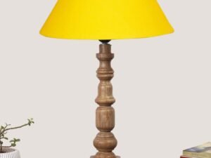 Yellow Cotton Shade Table Lamp with Wooden Natural Base - Height 21Inches/Without Bulb | for Living Room, Bedroom Decoration, Home Decor, Gifting | Decorative Bedside & Desk Table Lamp