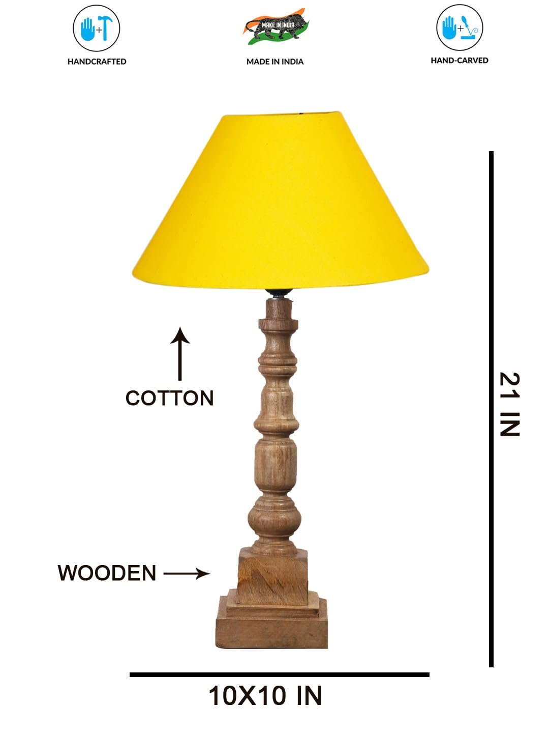 Yellow Cotton Shade Table Lamp with Wooden Natural Base - Height 21Inches/Without Bulb | for Living Room, Bedroom Decoration, Home Decor, Gifting | Decorative Bedside & Desk Table Lamp