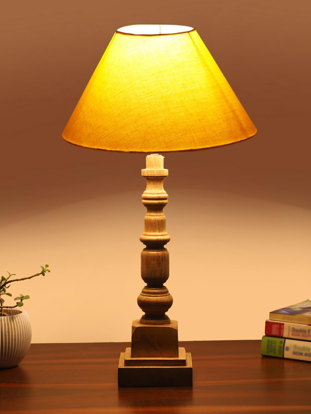 Yellow Cotton Shade Table Lamp with Wooden Natural Base - Height 21Inches/Without Bulb | for Living Room, Bedroom Decoration, Home Decor, Gifting | Decorative Bedside & Desk Table Lamp