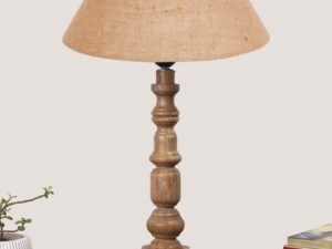 Beige Cotton Shade Table Lamp with Wooden Natural Base - Height 21Inches/Without Bulb | for Living Room, Bedroom Decoration, Home Decor, Gifting | Decorative Bedside & Desk Table Lamp