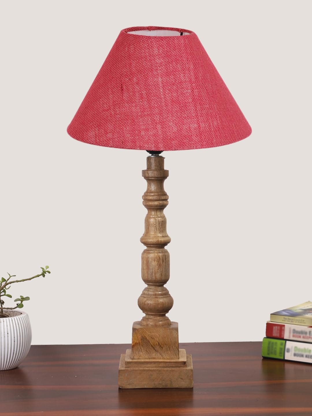 Pink Cotton Shade Table Lamp with Wooden Natural Base - Height 21Inches/Without Bulb | for Living Room, Bedroom Decoration, Home Decor, Gifting | Decorative Bedside & Desk Table Lamp