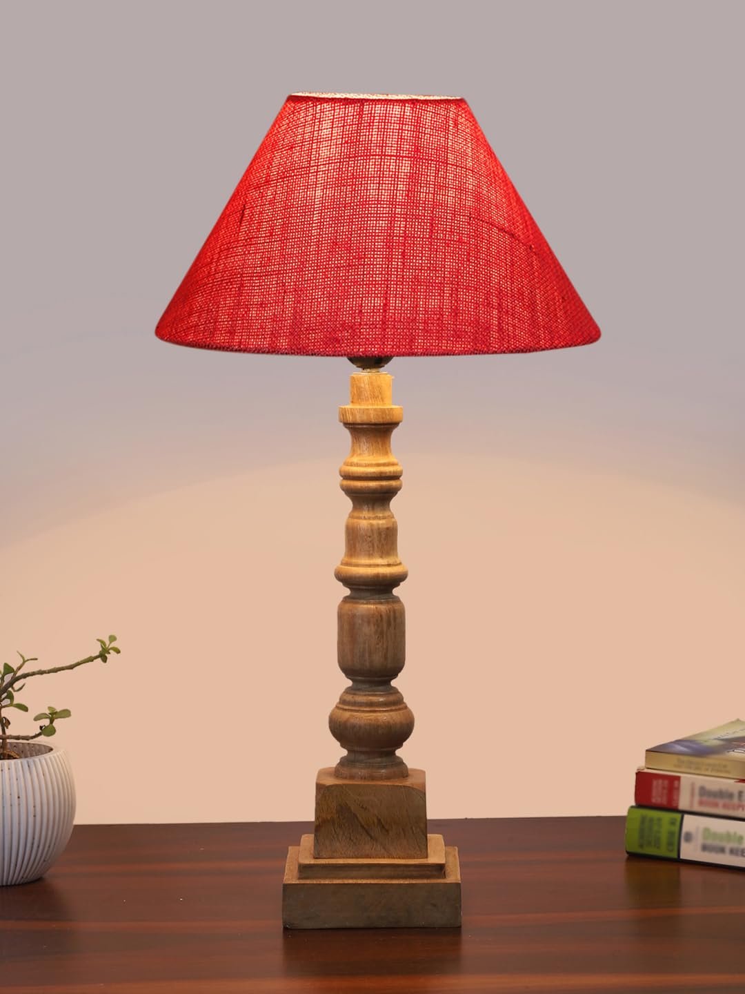 Pink Cotton Shade Table Lamp with Wooden Natural Base - Height 21Inches/Without Bulb | for Living Room, Bedroom Decoration, Home Decor, Gifting | Decorative Bedside & Desk Table Lamp