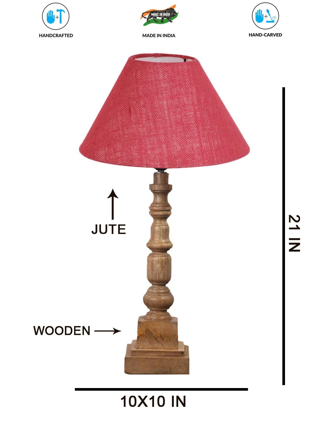 Pink Cotton Shade Table Lamp with Wooden Natural Base - Height 21Inches/Without Bulb | for Living Room, Bedroom Decoration, Home Decor, Gifting | Decorative Bedside & Desk Table Lamp