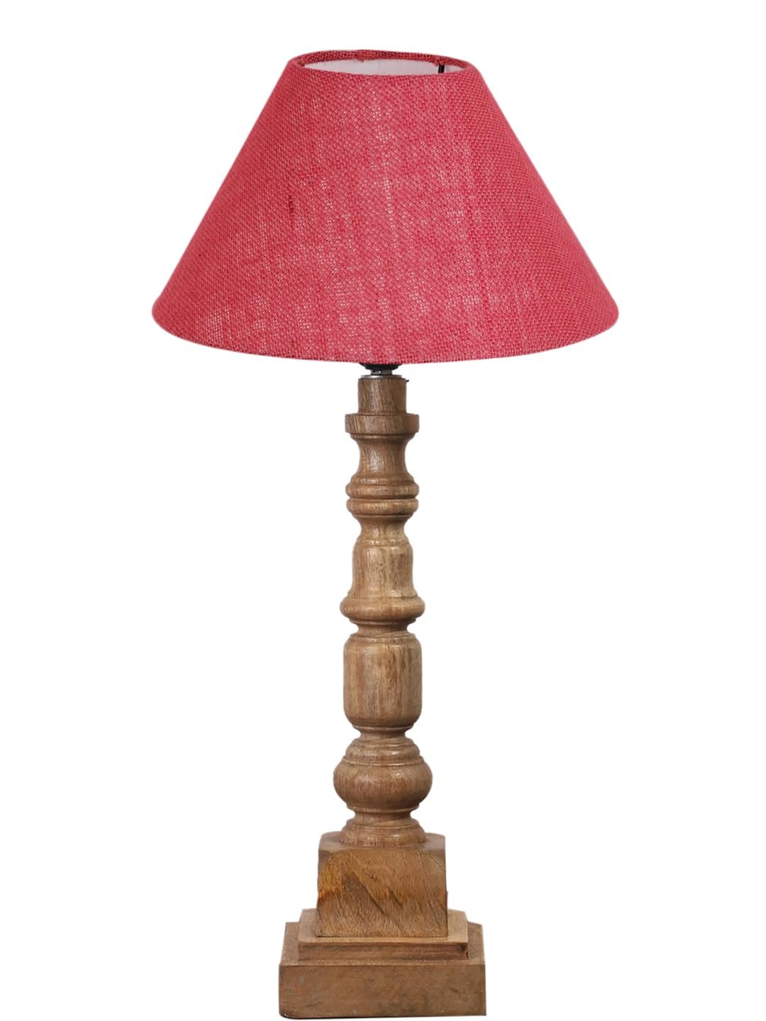 Pink Cotton Shade Table Lamp with Wooden Natural Base - Height 21Inches/Without Bulb | for Living Room, Bedroom Decoration, Home Decor, Gifting | Decorative Bedside & Desk Table Lamp
