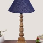 Blue Cotton Shade Table Lamp with Wooden Natural Base – Height 21Inches/Without Bulb | for Living Room, Bedroom Decoration, Home Decor, Gifting | Decorative Bedside & Desk Table Lamp