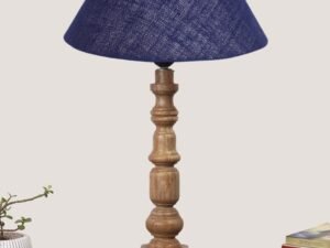 Blue Cotton Shade Table Lamp with Wooden Natural Base - Height 21Inches/Without Bulb | for Living Room, Bedroom Decoration, Home Decor, Gifting | Decorative Bedside & Desk Table Lamp