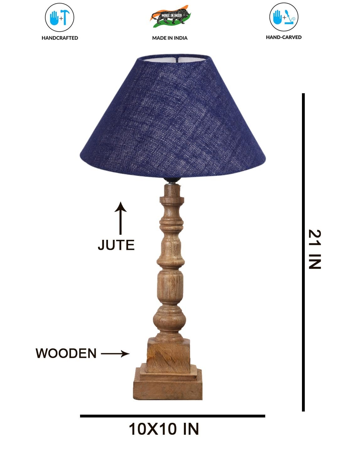 Blue Cotton Shade Table Lamp with Wooden Natural Base - Height 21Inches/Without Bulb | for Living Room, Bedroom Decoration, Home Decor, Gifting | Decorative Bedside & Desk Table Lamp