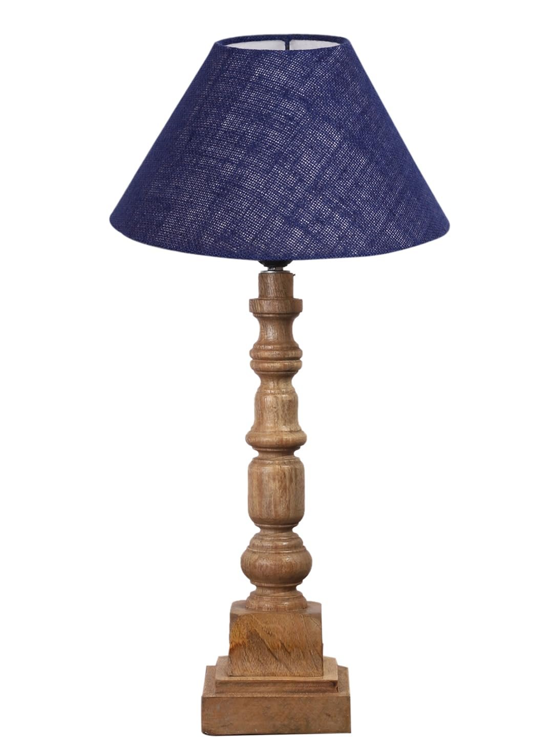 Blue Cotton Shade Table Lamp with Wooden Natural Base - Height 21Inches/Without Bulb | for Living Room, Bedroom Decoration, Home Decor, Gifting | Decorative Bedside & Desk Table Lamp