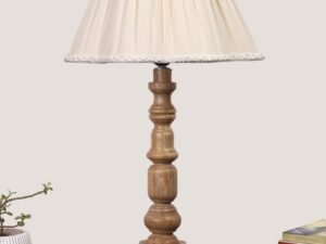 Off White- Almond Cotton Shade Table Lamp with Wooden Base - Height 22 Inches/Without Bulb | for Living Room, Bedroom Decoration, Home Decor, Gifting | Decorative Bedside & Desk Table Lamp