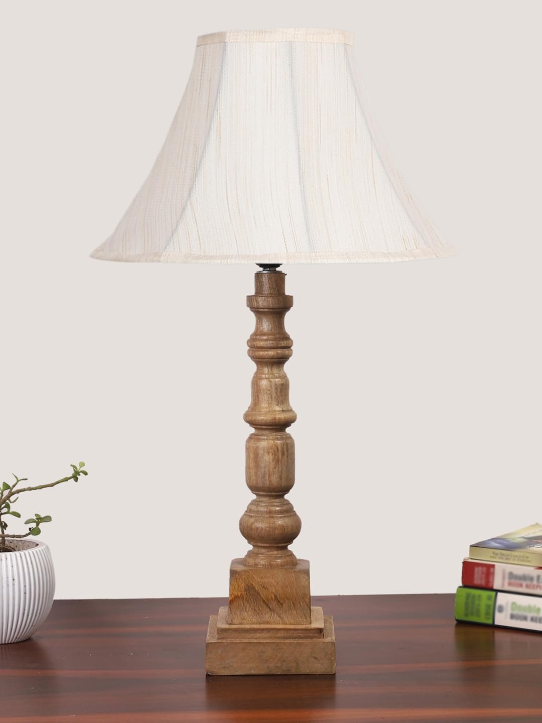 Off White- Platinum Shade Cotton Table Lamp with Wooden Base - Height 22 Inches/Without Bulb | for Living Room, Bedroom Decoration, Home Decor, Gifting | Decorative Bedside & Desk Table Lamp