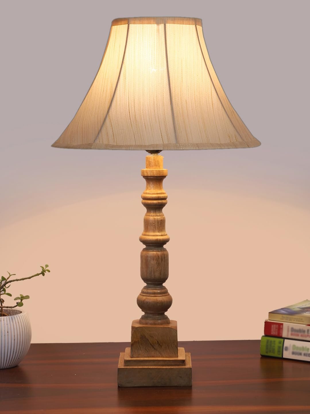 Off White- Platinum Shade Cotton Table Lamp with Wooden Base - Height 22 Inches/Without Bulb | for Living Room, Bedroom Decoration, Home Decor, Gifting | Decorative Bedside & Desk Table Lamp